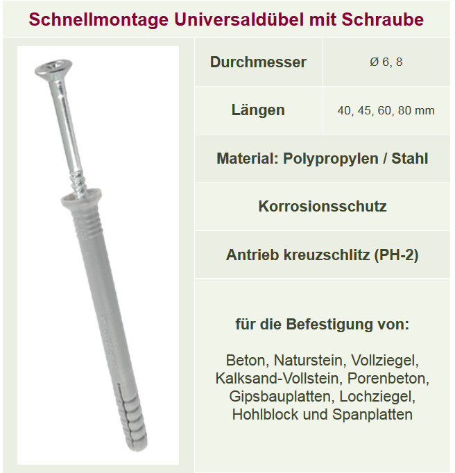 SET-Dübel Kreuzschlitz-Schraube Schnellmontage 40-80 mm Senkkopf AB